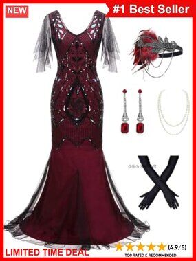 Plus Size 1920s Vintage Sequin Fringed Flapper Maxi Dress with Accessories